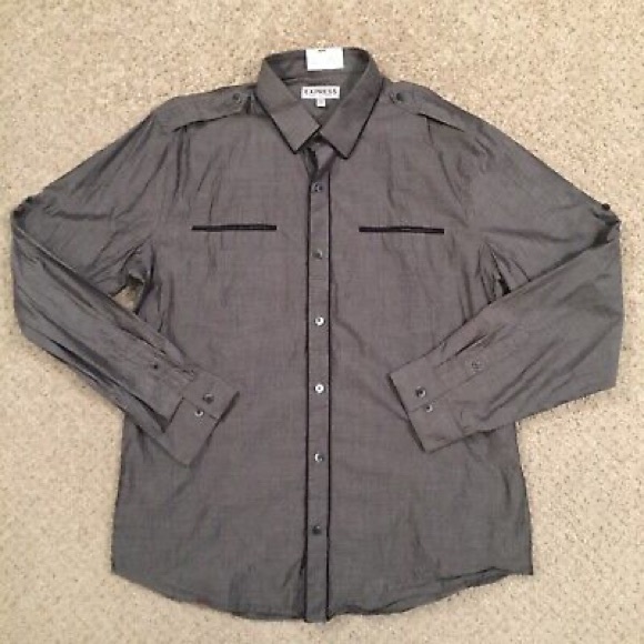 Express Fitted Collared Button Down Chambray Shirt - Picture 2 of 5